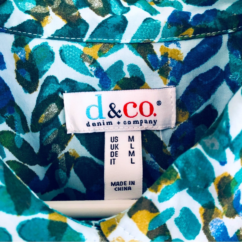 Denim & Co. Printed Button Front Shirt in Blue Leaf Multi, Size M - Picture 14 of 15